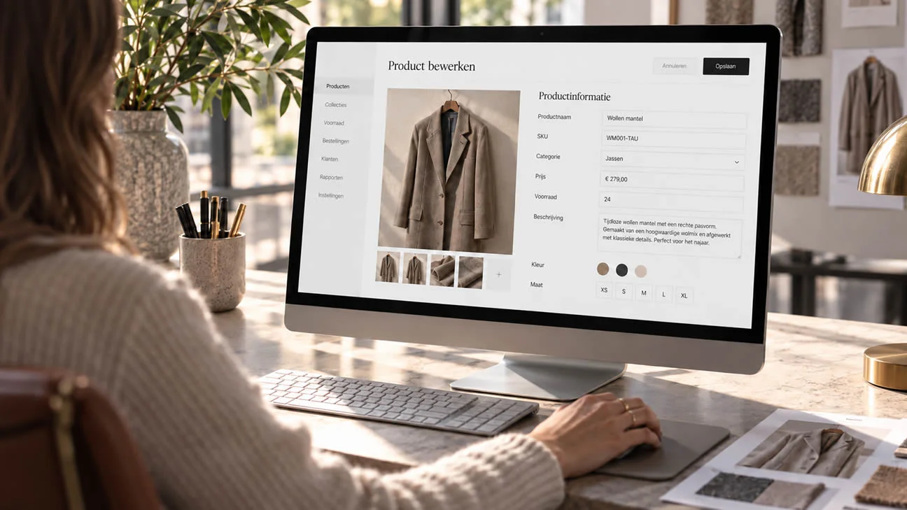 Productbeheer van een fashionwebshop: een mantel, productgegevens en varianten op een monitor.