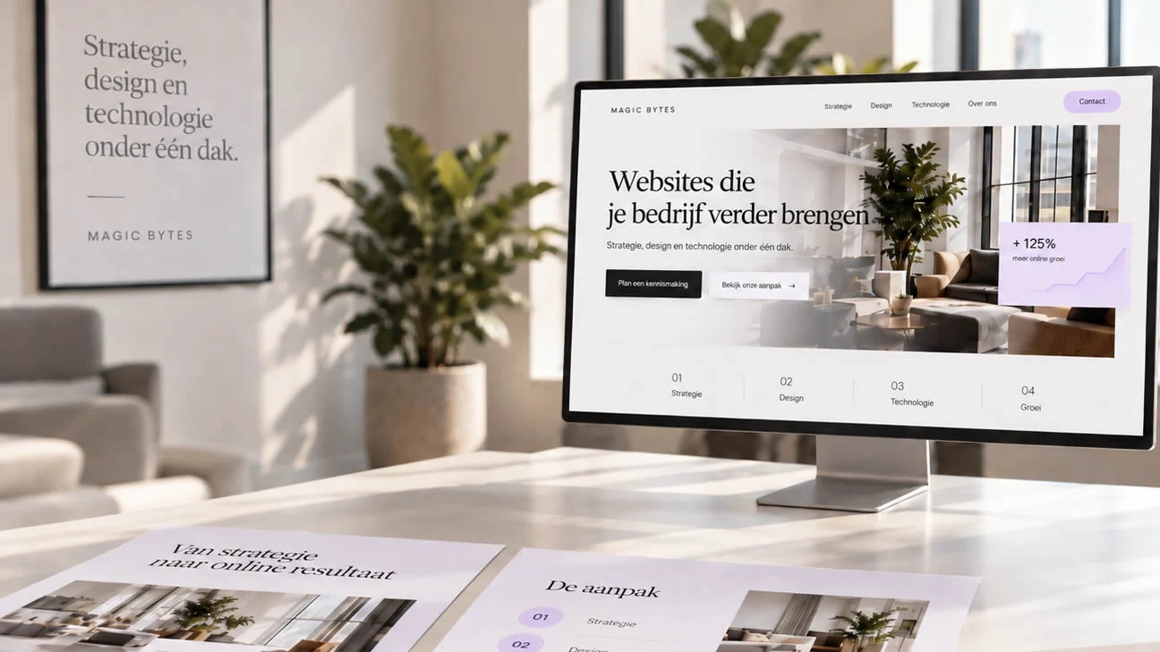 Magic Bytes-websiteontwerp op een beeldscherm in een lichte werkruimte.