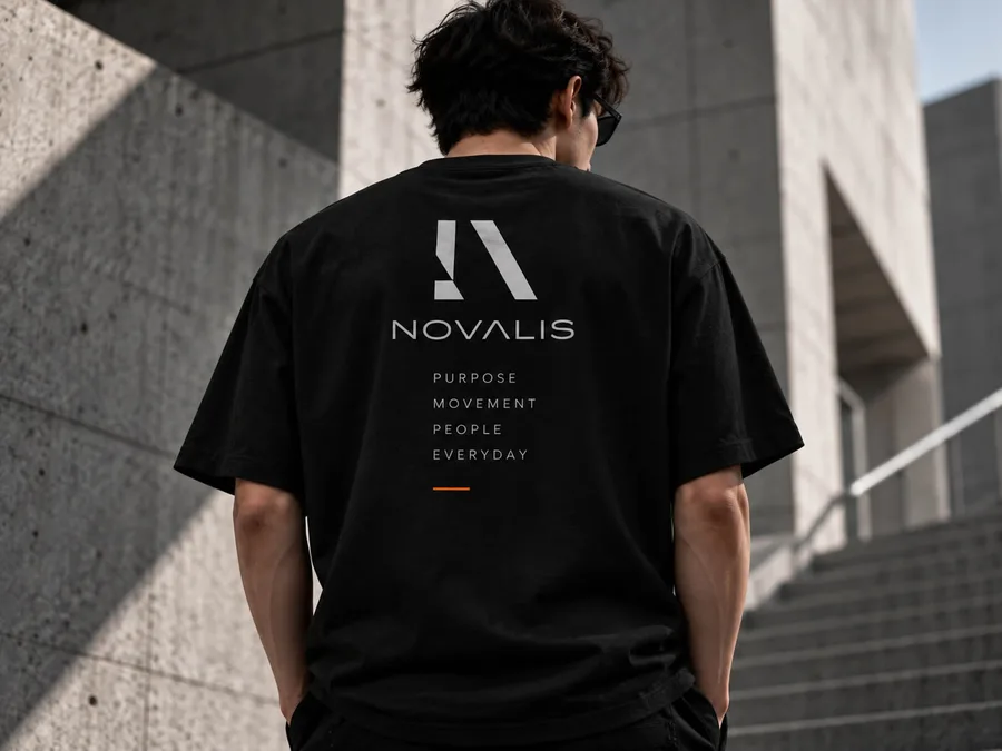 Novalis-campagne met groot beeldmerk op een zwart T-shirt