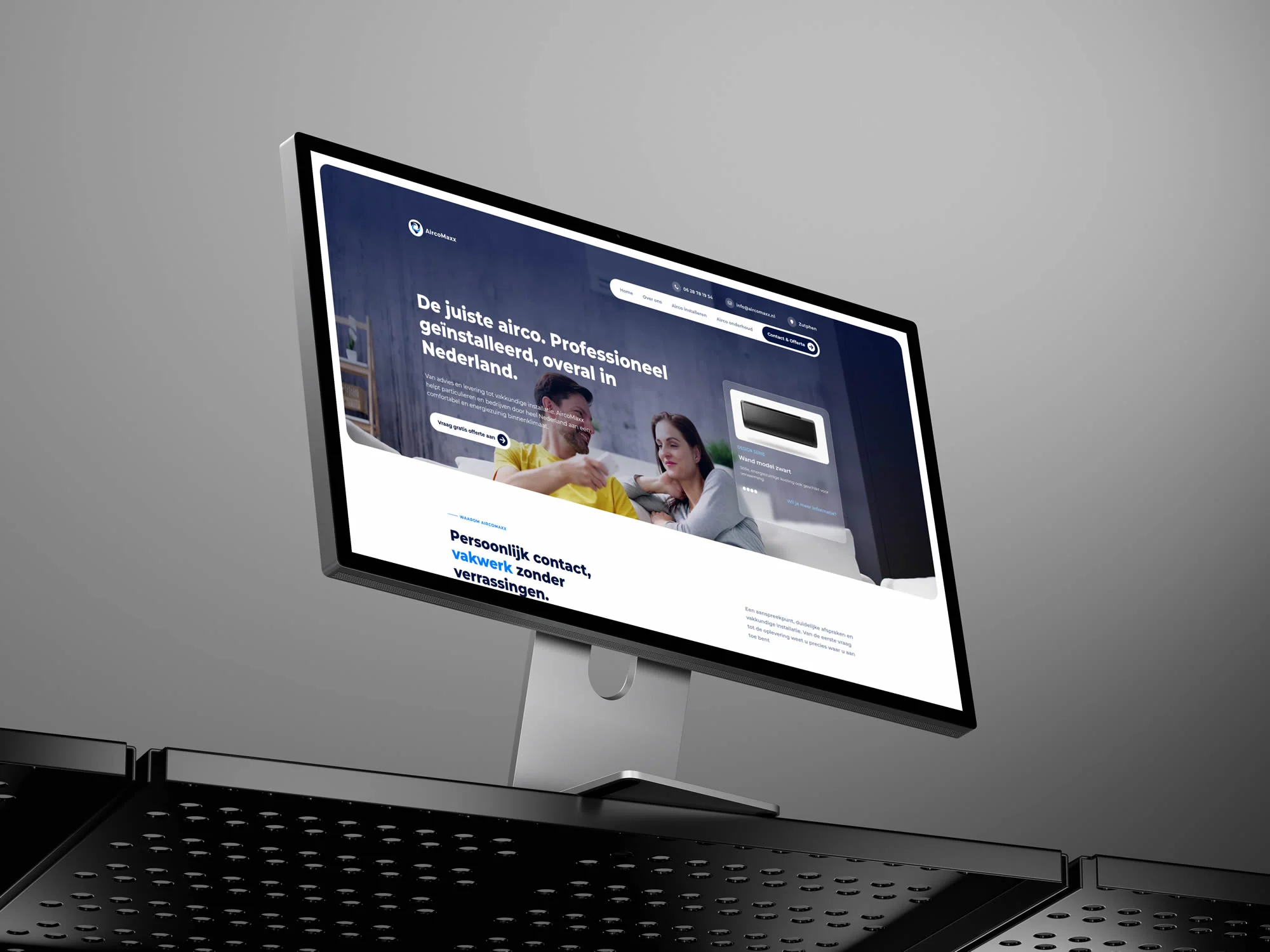 AircoMaxx-homepage op een desktopmonitor met aanbod, merkidentiteit en offerteactie.