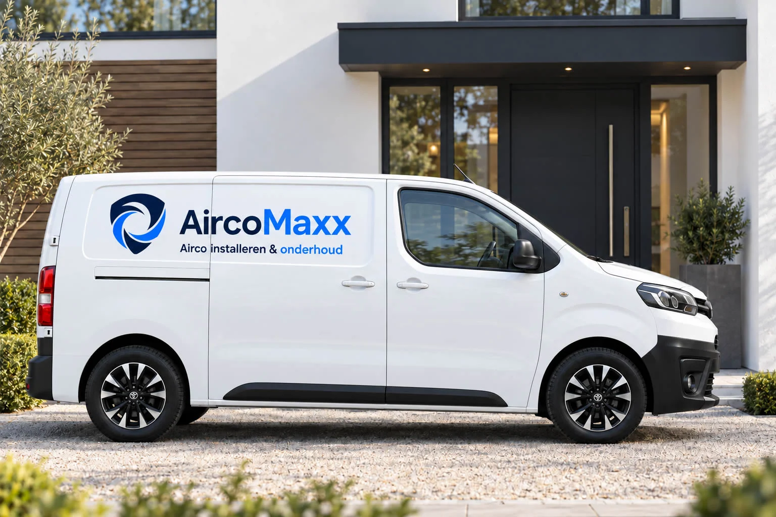 Mockup van een witte bedrijfswagen met het AircoMaxx-logo en de regel Airco installeren & onderhoud.
