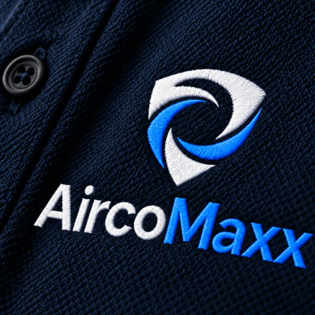 Detailmockup van het wit-blauwe AircoMaxx-beeldmerk en woordmerk op donkerblauw textiel.